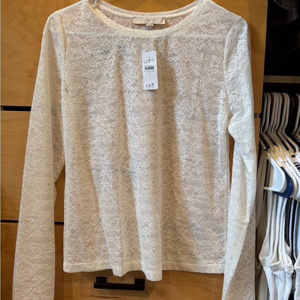LOFT Women's Ivory Lace Long Sleeve Top Medium